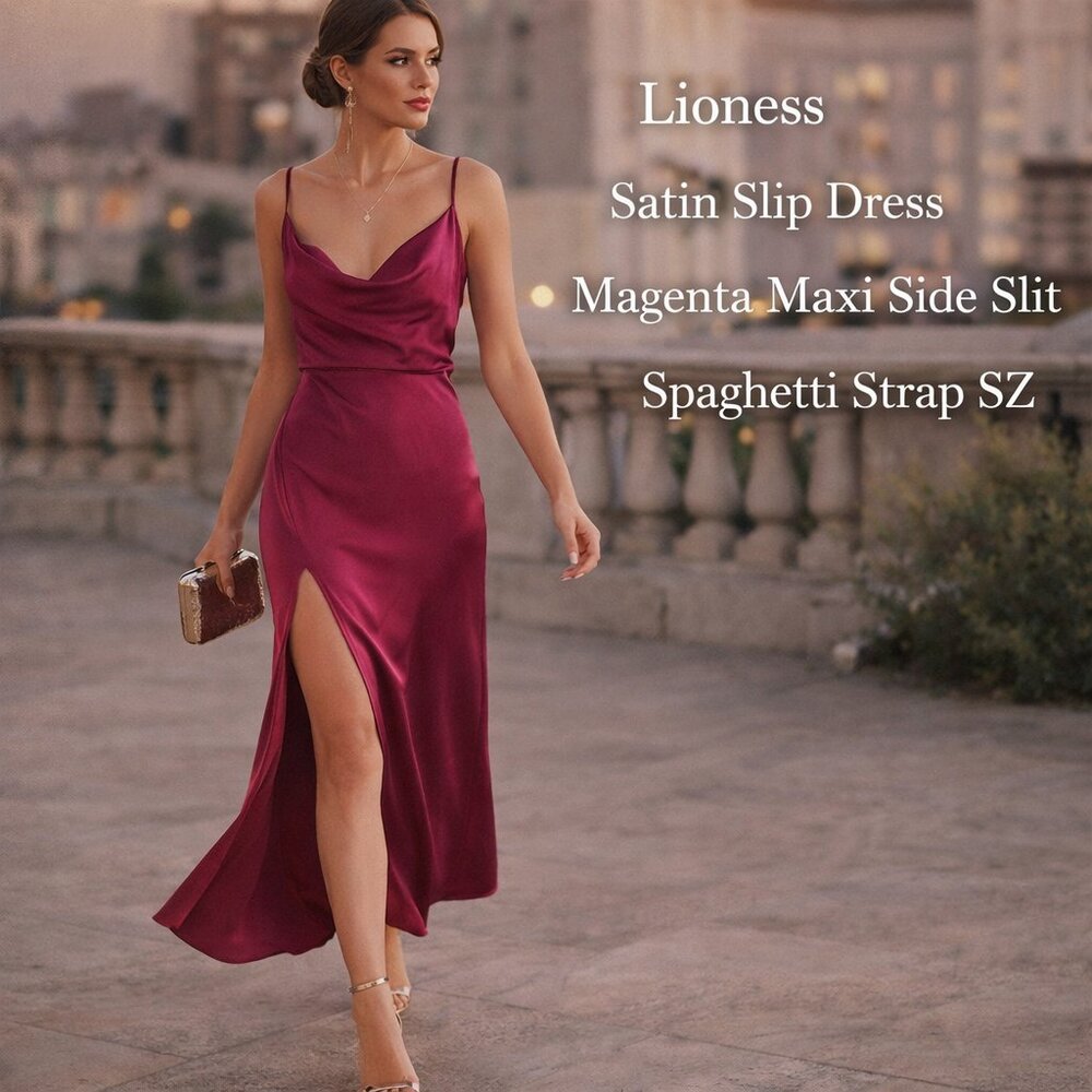 Lioness Satin Slip Dress Magenta Slit Spaghetti Strap Y2K Spring Wedding Guest
